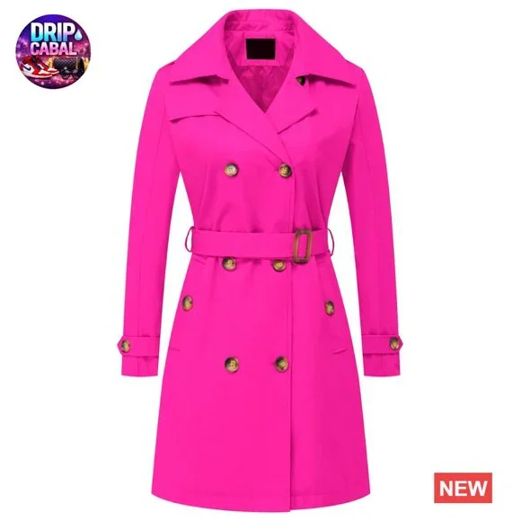 Double Breasted Trench Coat Mid-Length Belted Overcoat with Detachable Hood - Picture 1 of 7